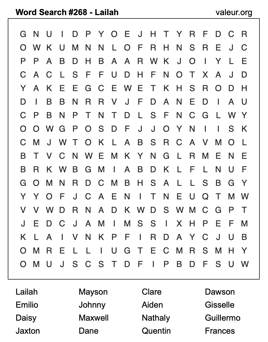 Word Search Puzzle with the name Lailah #268