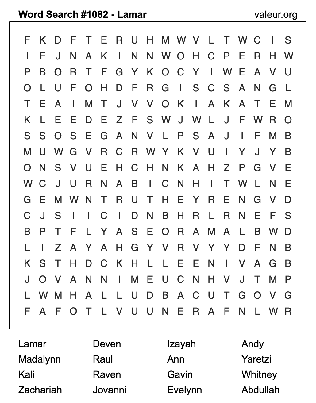 Word Search Puzzle with the name Lamar #1082