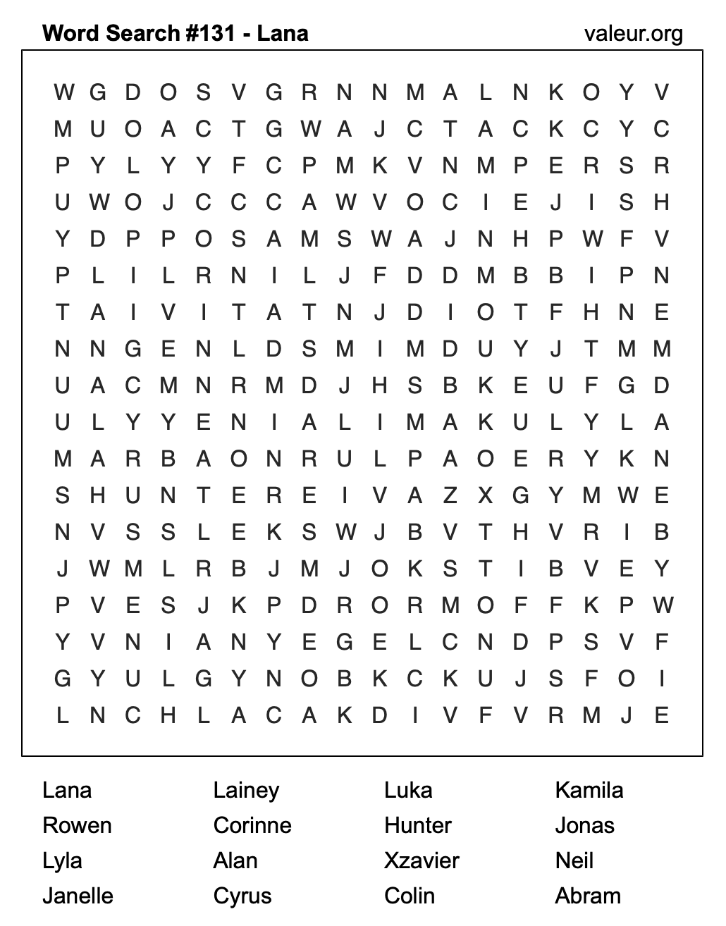 Word Search Puzzle with the name Lana #131