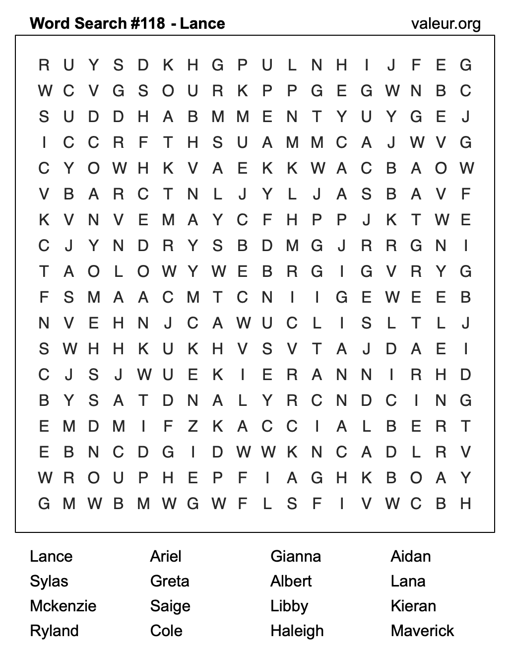 Word Search Puzzle with the name Lance #118