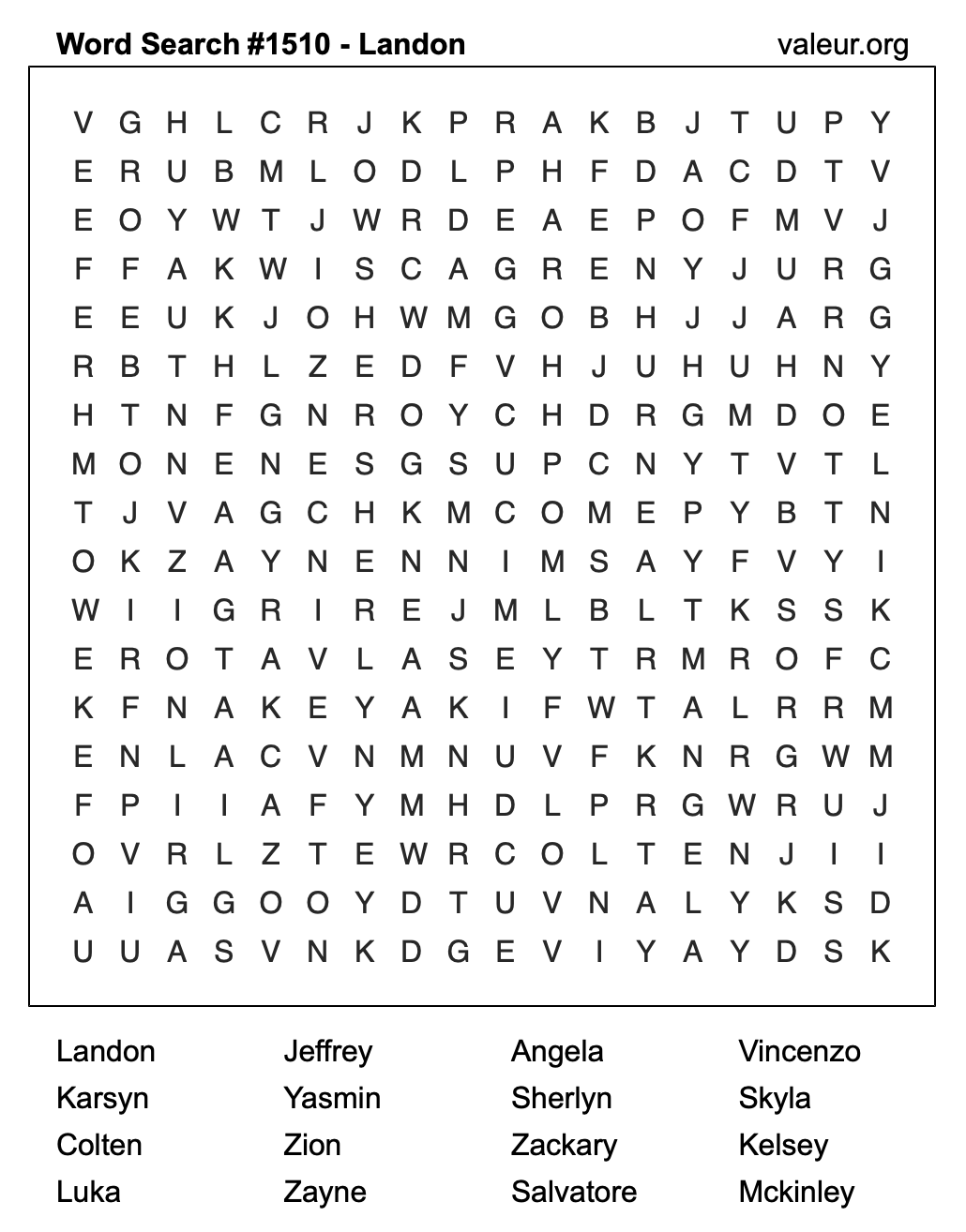 Word Search Puzzle with the name Landon #1510