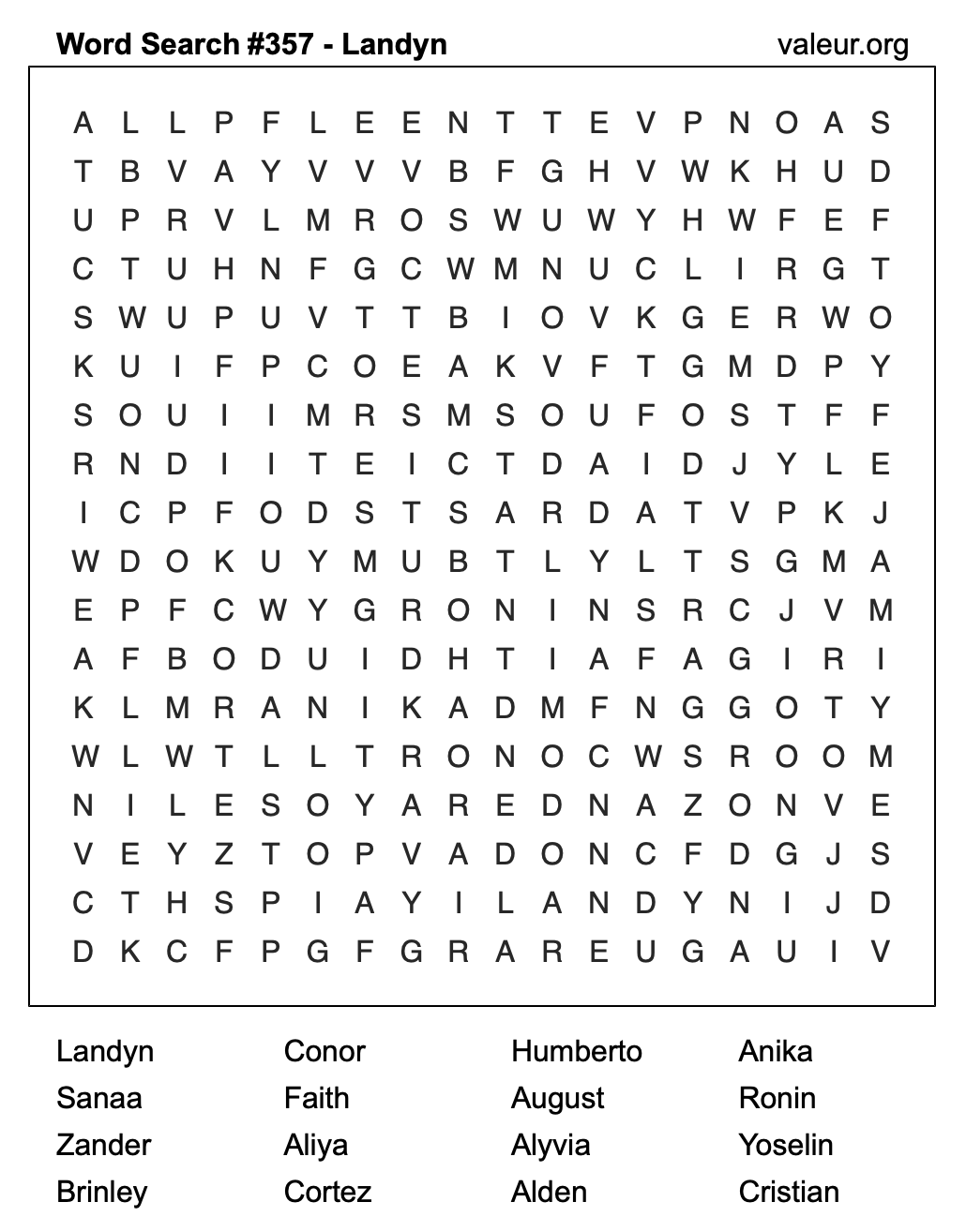 Word Search Puzzle with the name Landyn #357
