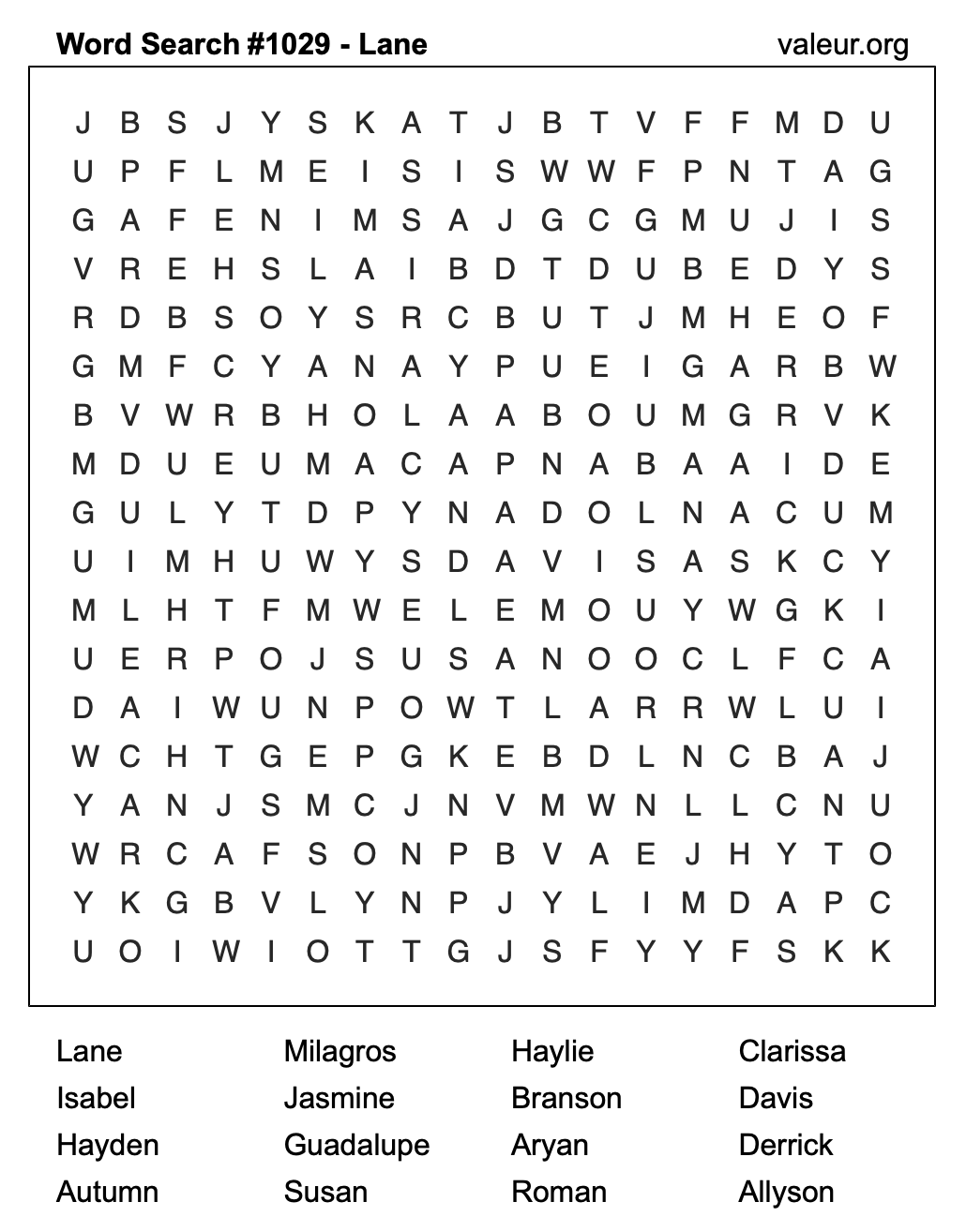 Word Search Puzzle with the name Lane #1029