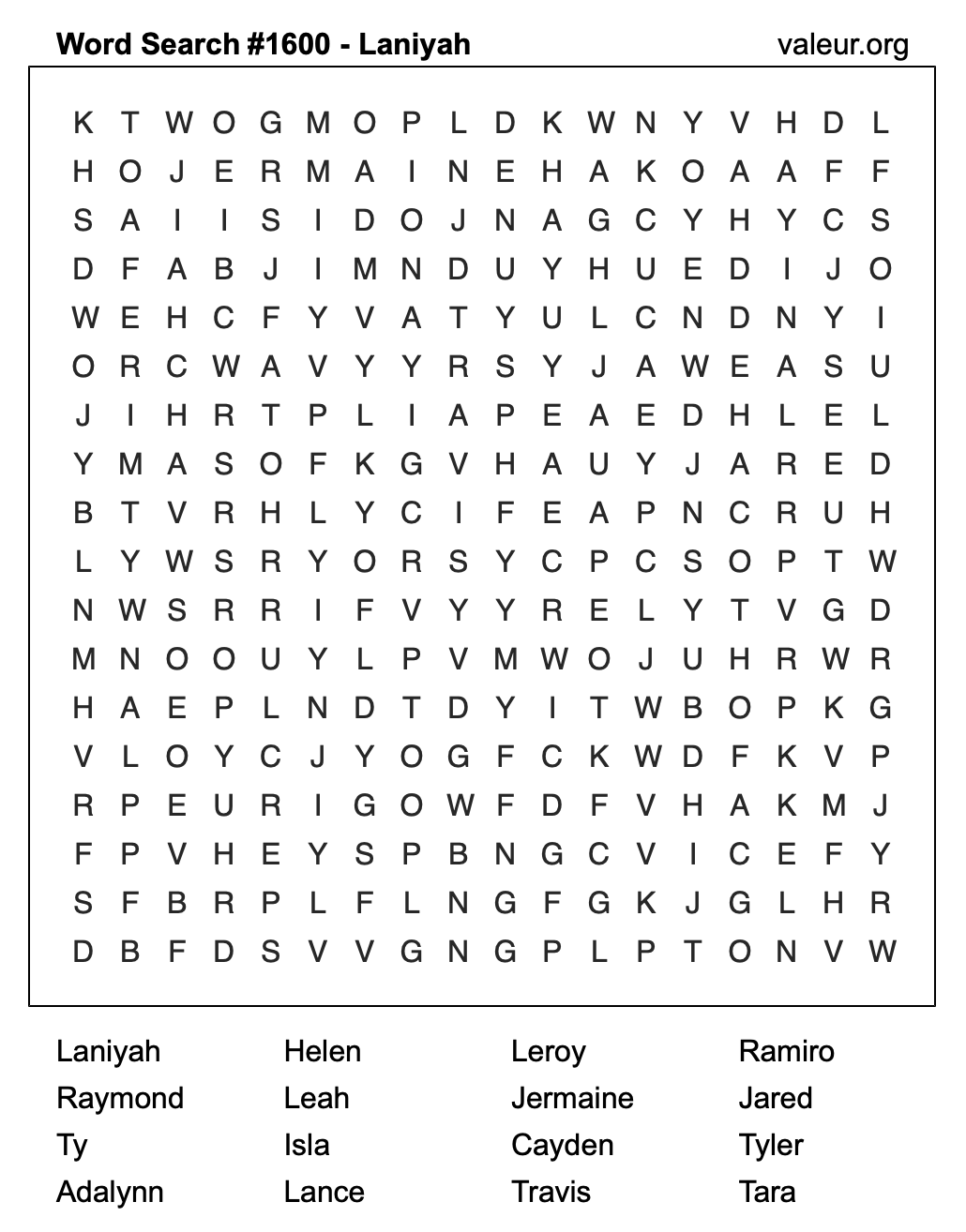 Word Search Puzzle with the name Laniyah #1600