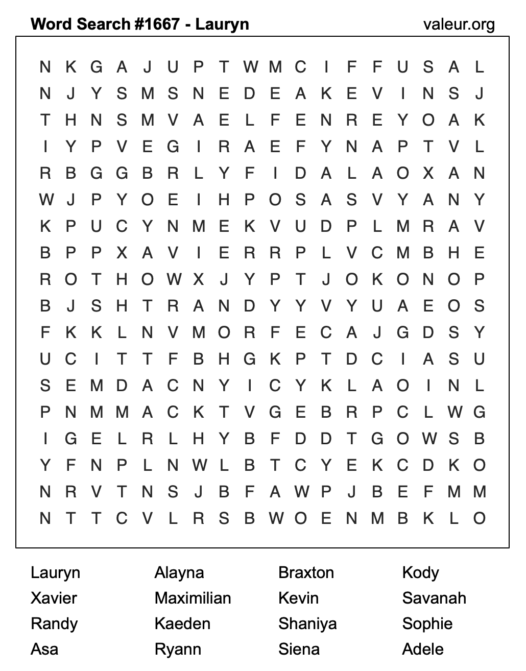 Word Search Puzzle with the name Lauryn #1667