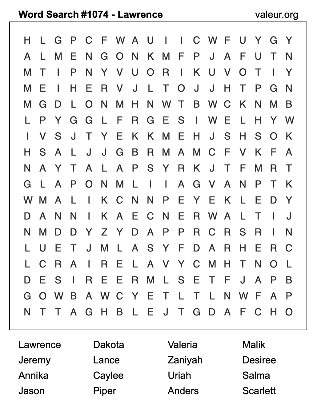 Word Search Puzzle with the name Lawrence #1074
