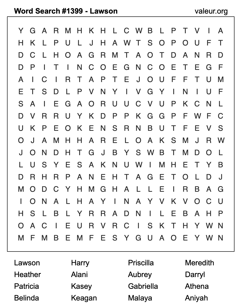 Word Search Puzzle with the name Lawson #1399