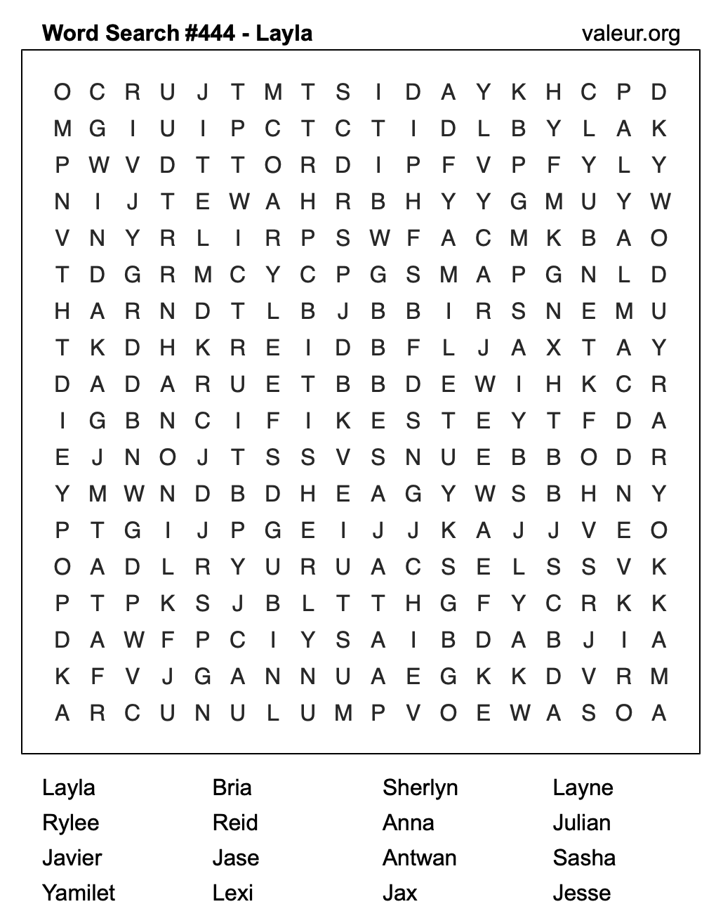 Word Search Puzzle with the name Layla #444