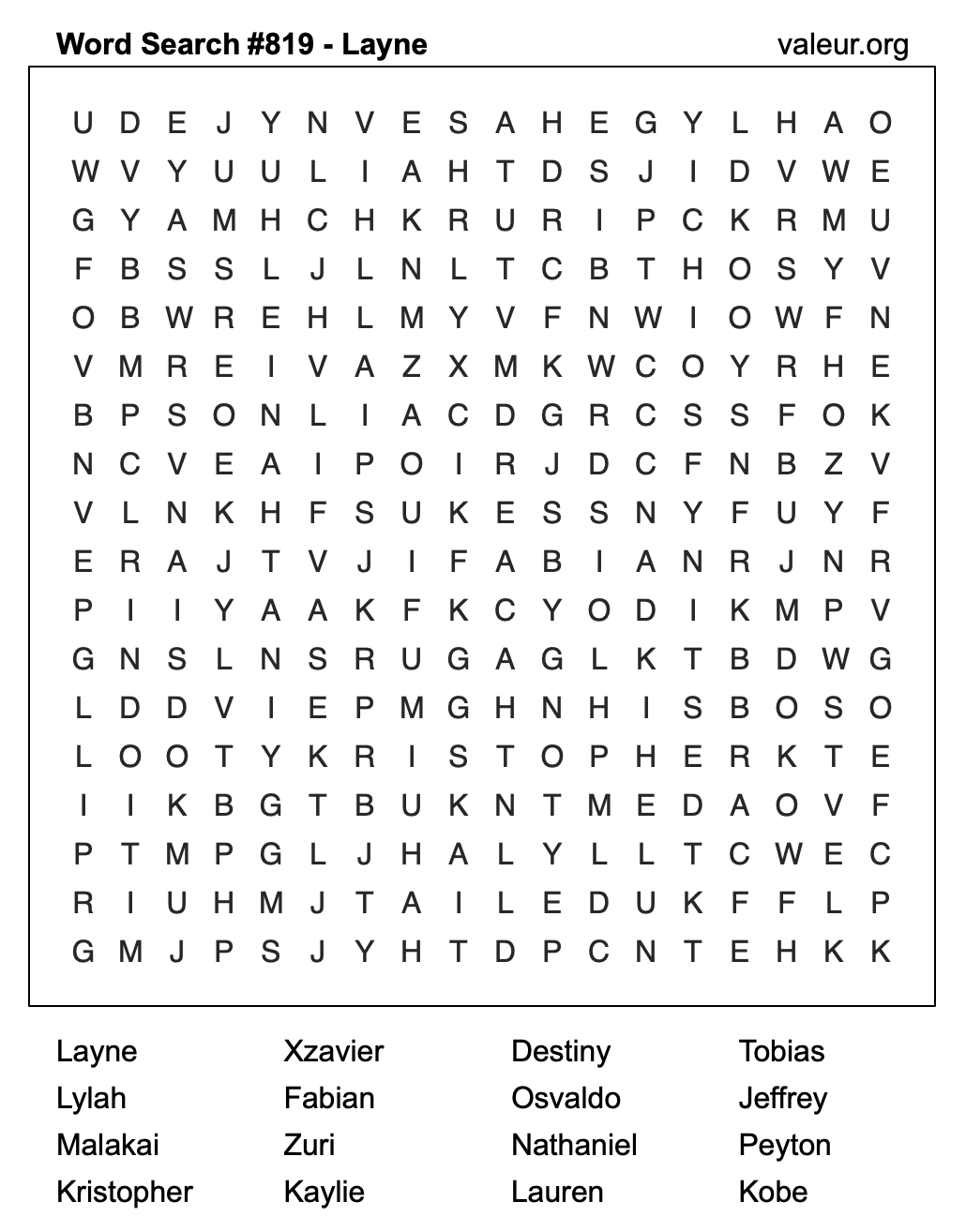 Word Search Puzzle with the name Layne #819 Word Search Puzzle with the name Layne #819