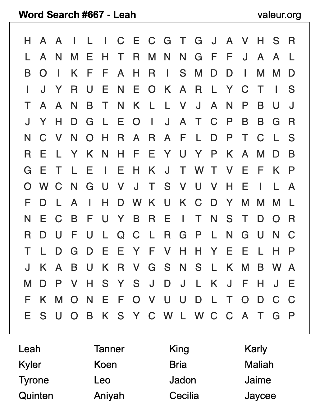 Word Search Puzzle with the name Leah #667