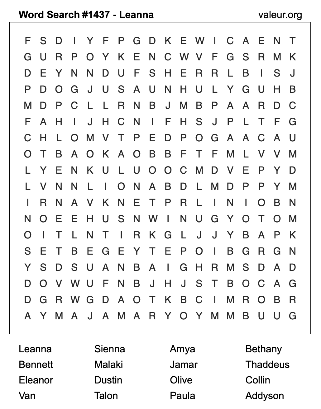 Word Search Puzzle with the name Leanna #1437