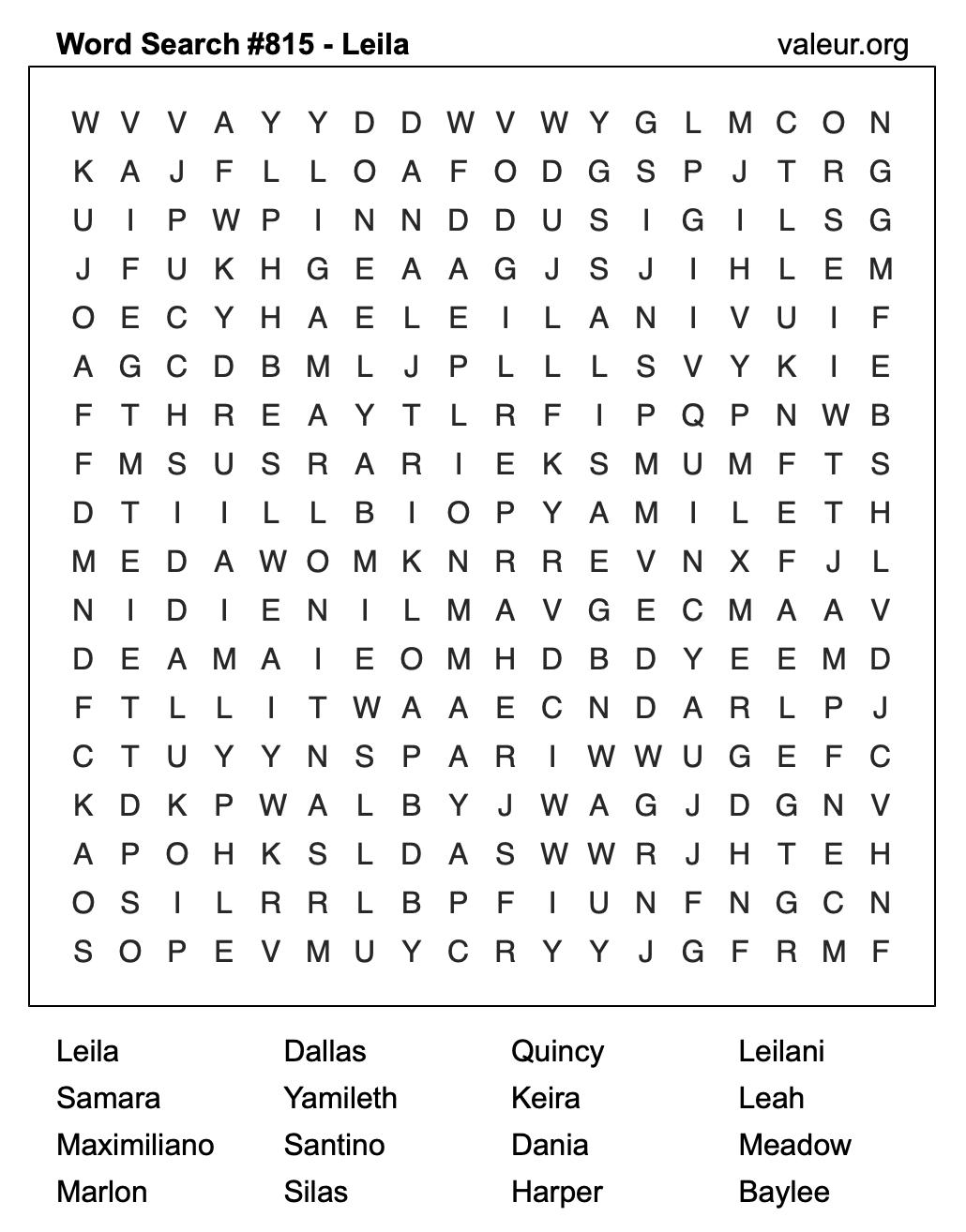 Word Search Puzzle with the name Leila #815