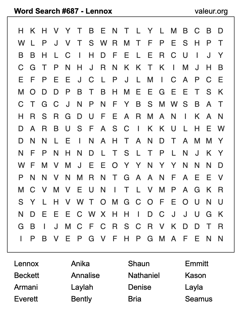 Word Search Puzzle with the name Lennox #687