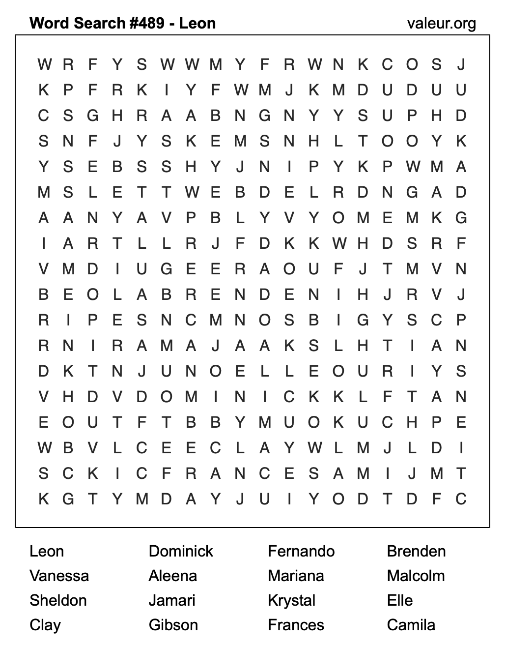 Word Search Puzzle with the name Leon #489 Word Search Puzzle with the name Leon #489