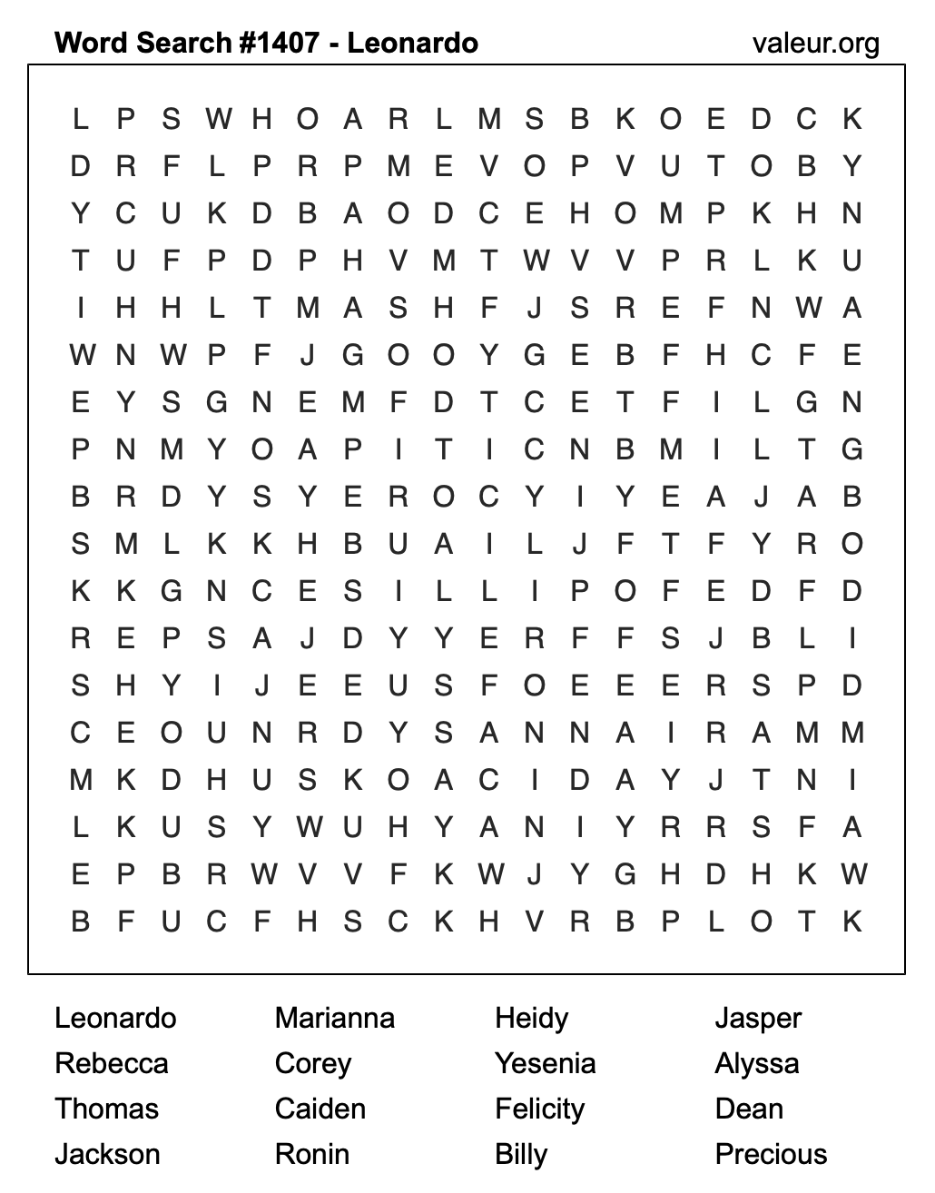 Word Search Puzzle with the name Leonardo #1407