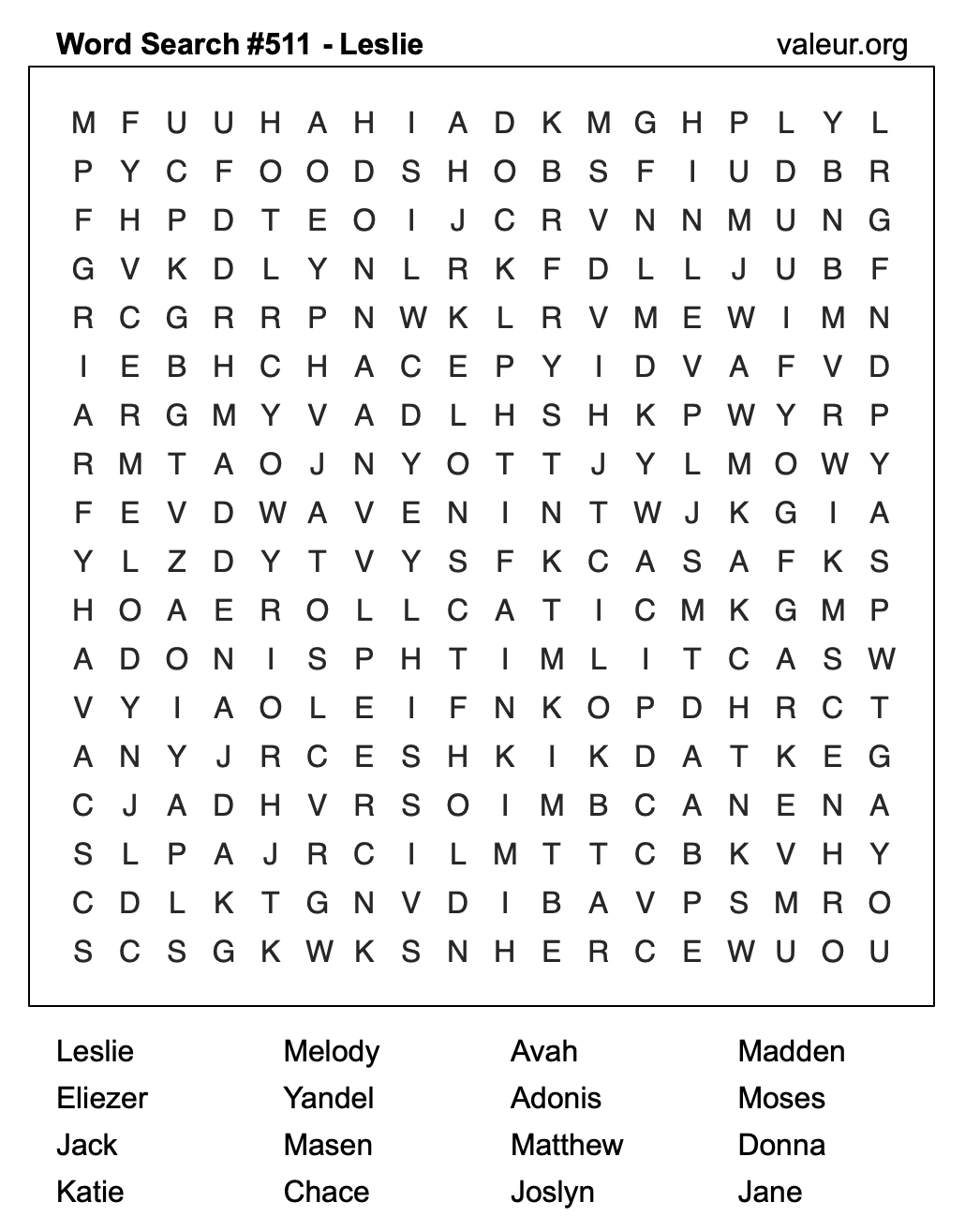 Word Search Puzzle with the name Leslie #511
