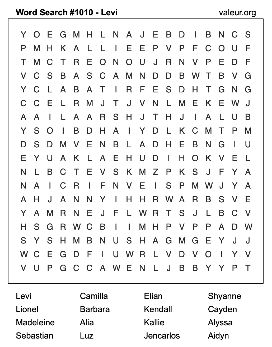 Word Search Puzzle with the name Levi #1010