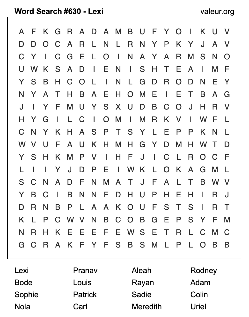 Word Search Puzzle with the name Lexi #630