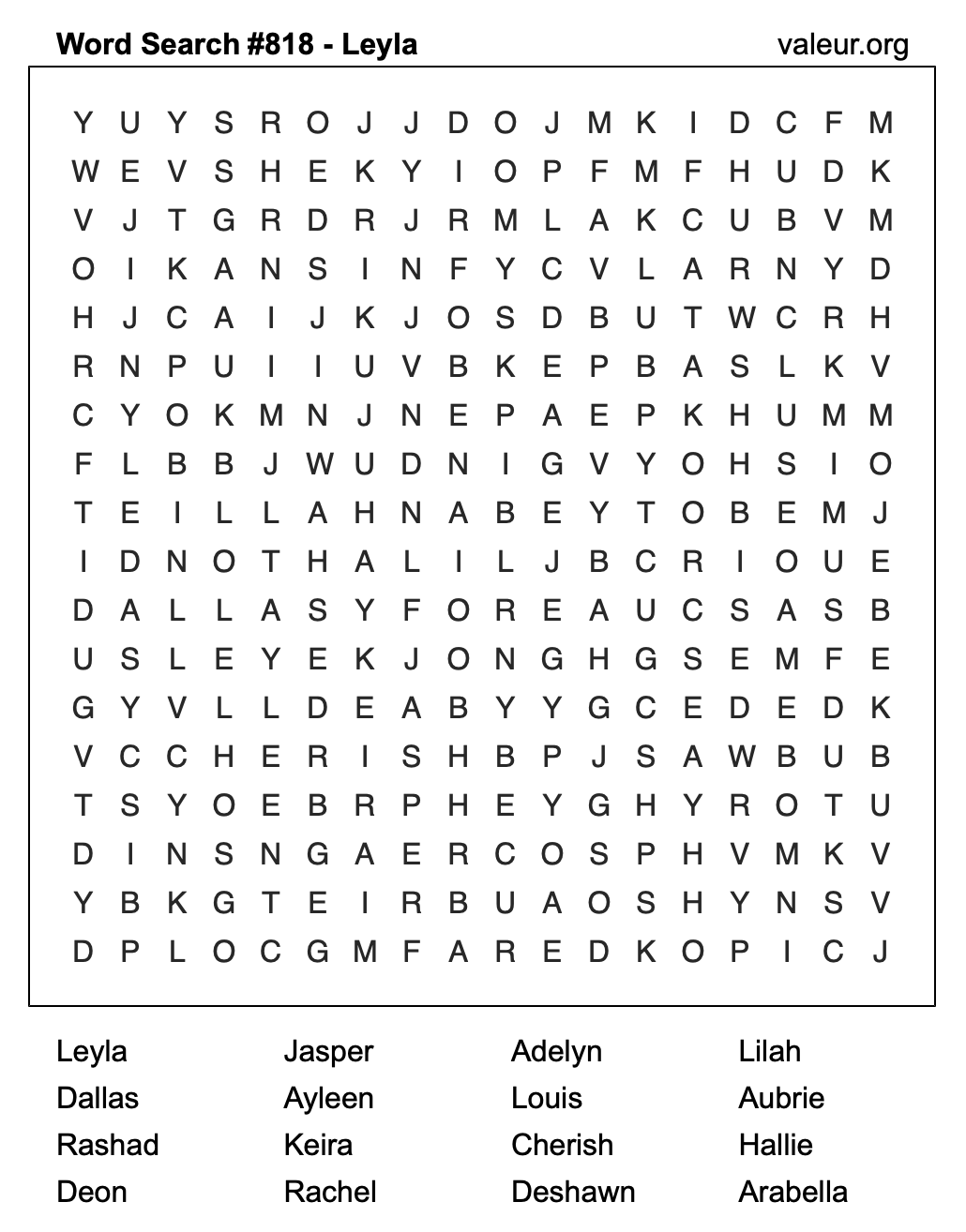Word Search Puzzle with the name Leyla #818