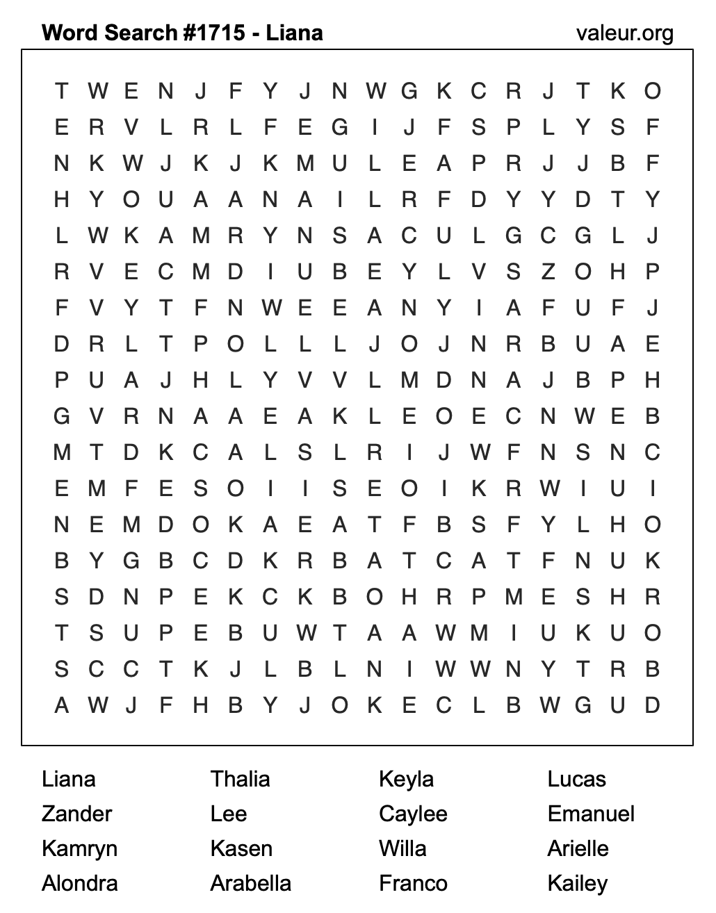 Word Search Puzzle with the name Liana #1715