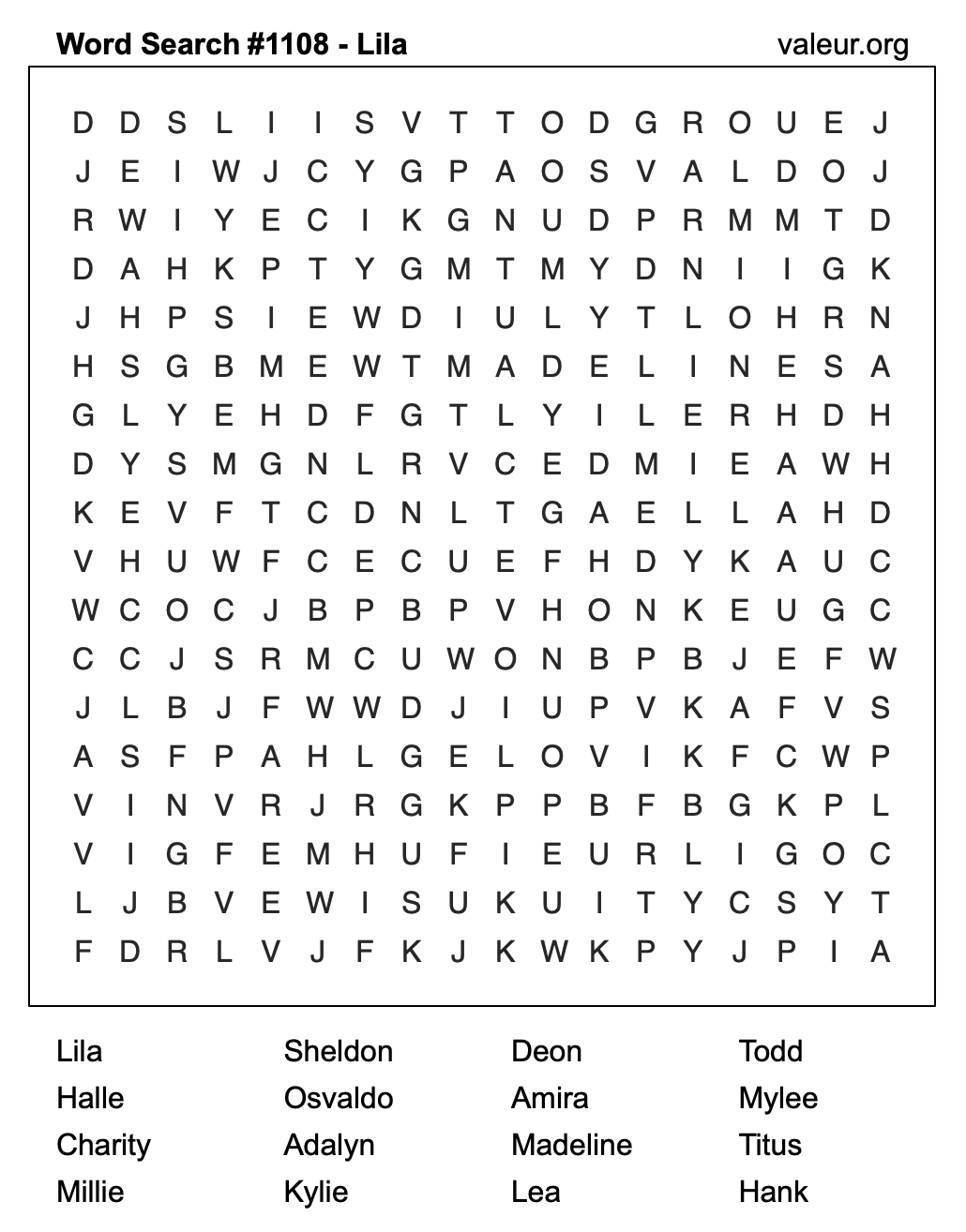 Word Search Puzzle with the name Lila #1108