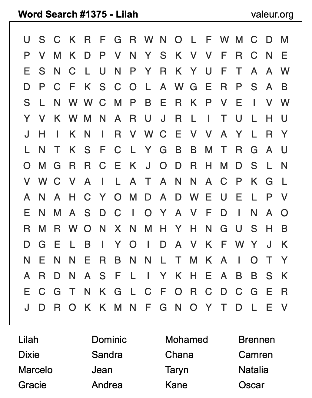 Word Search Puzzle with the name Lilah #1375