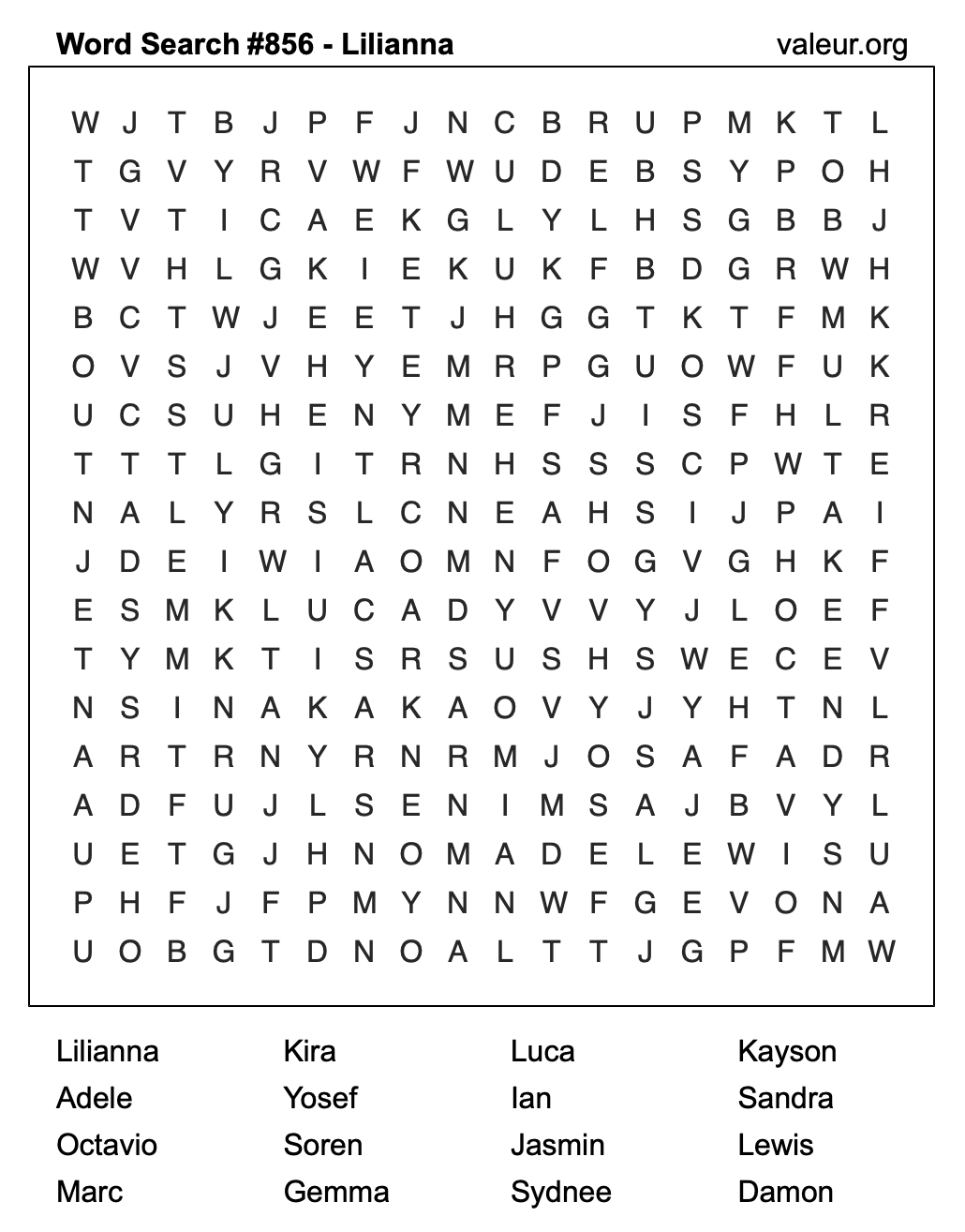 Word Search Puzzle with the name Lilianna #856