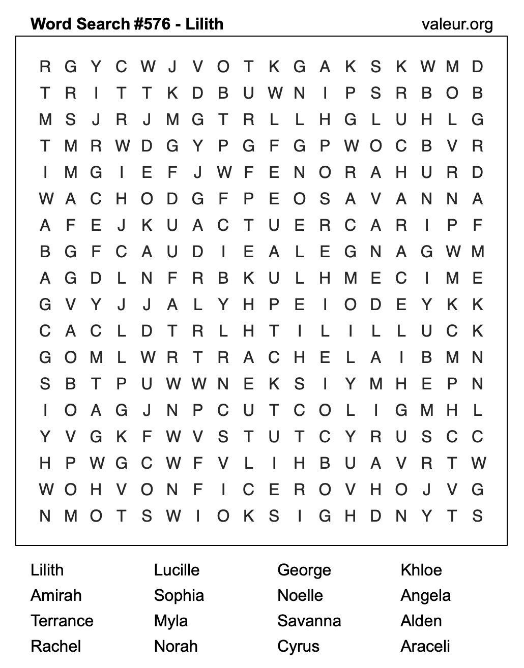 Word Search Puzzle with the name Lilith #576