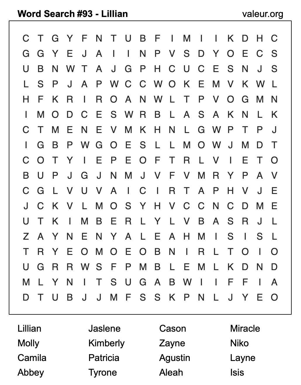 Word Search Puzzle with the name Lillian #93