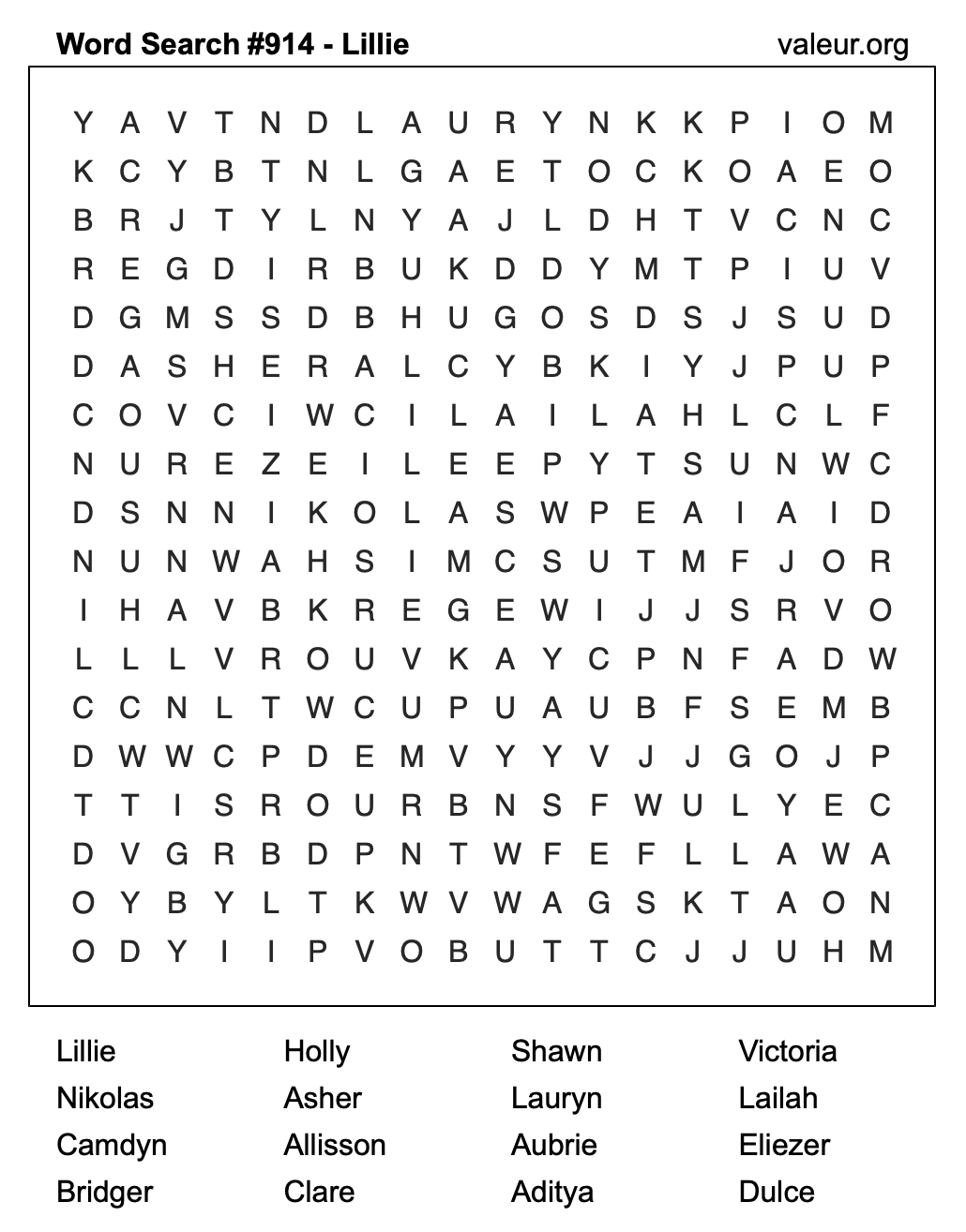 Word Search Puzzle with the name Lillie #914