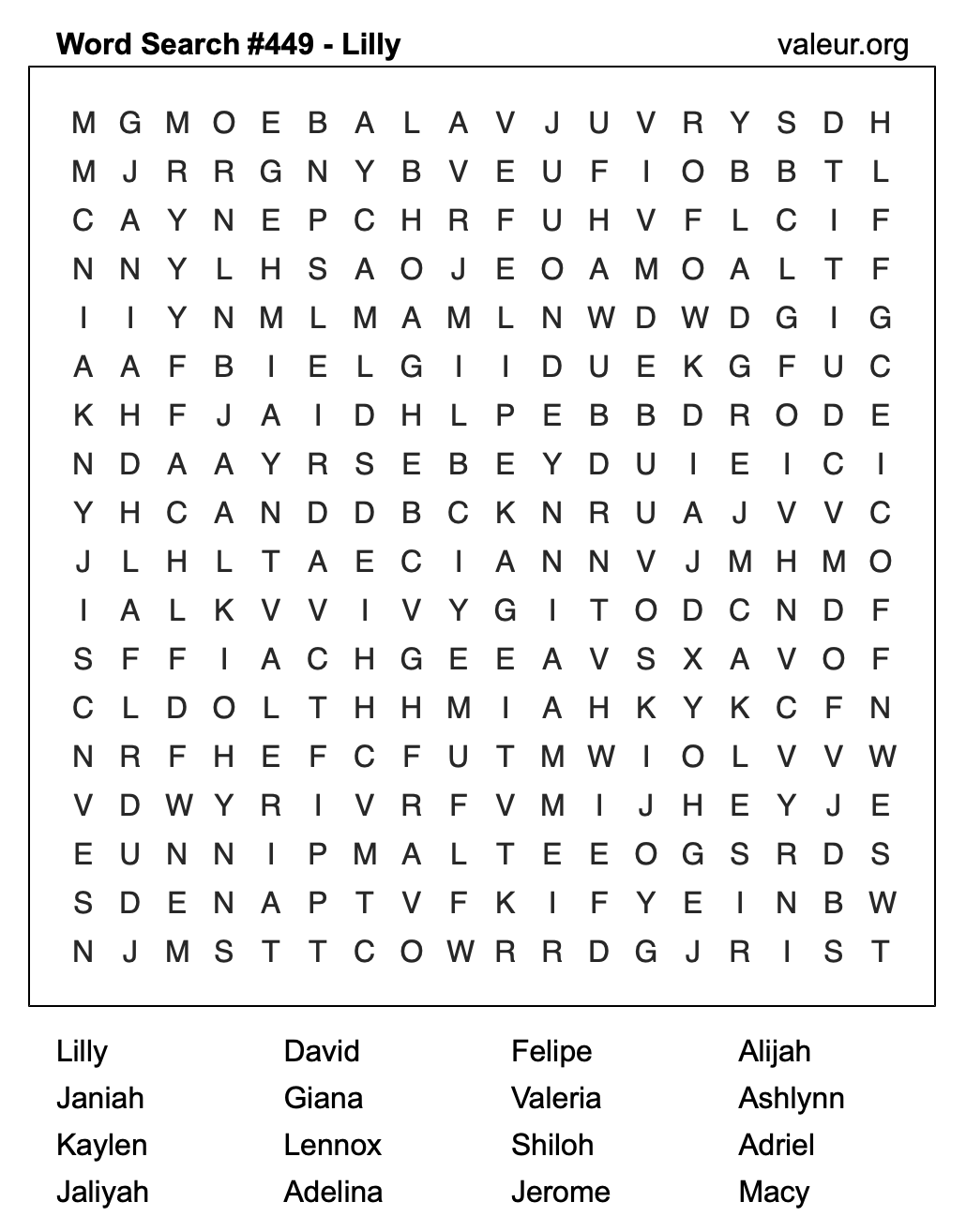 Word Search Puzzle with the name Lilly #449