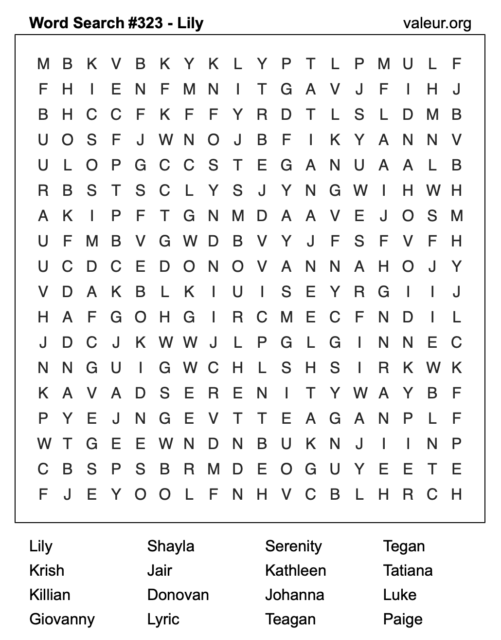 Word Search Puzzle with the name Lily #323