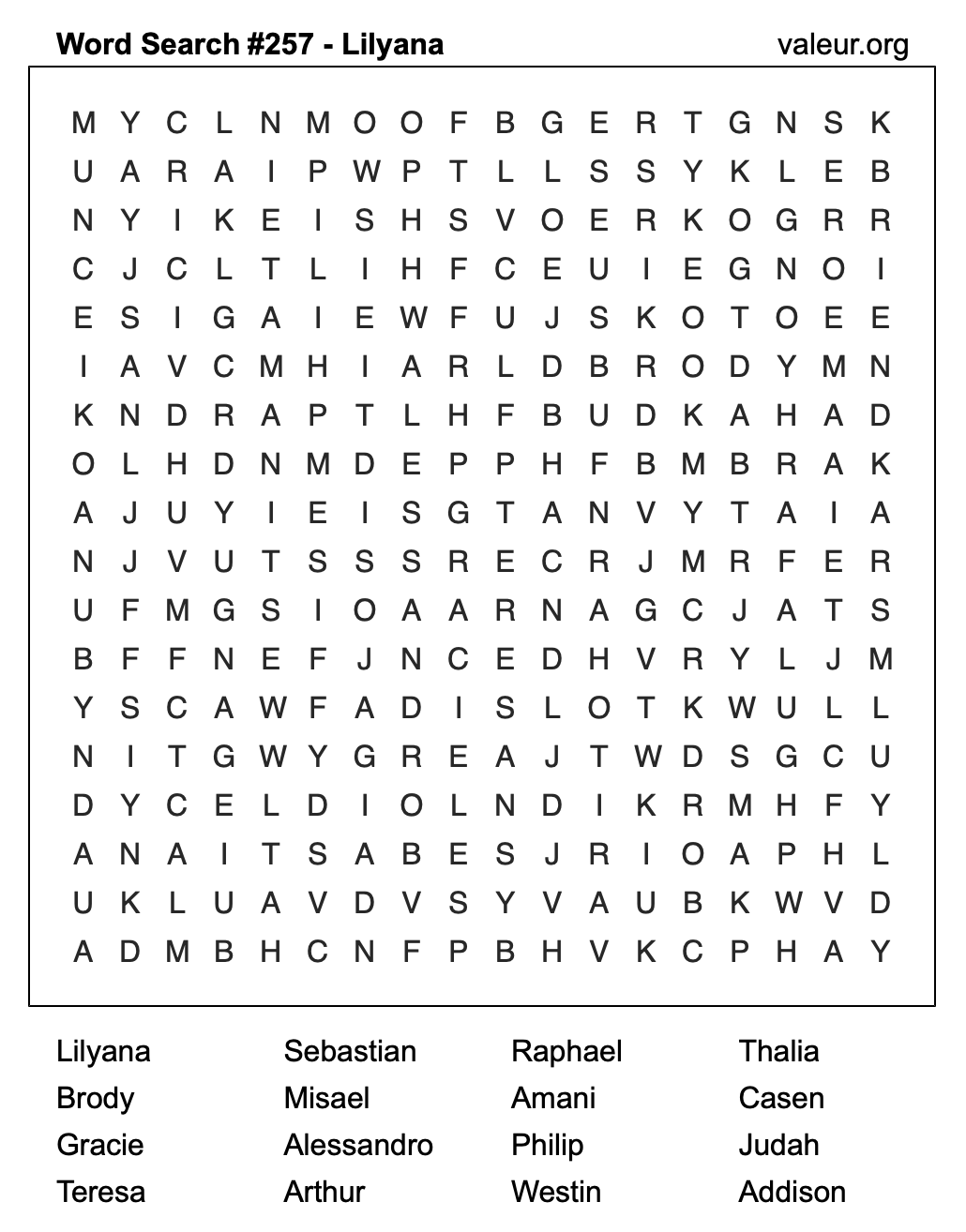 Word Search Puzzle with the name Lilyana #257