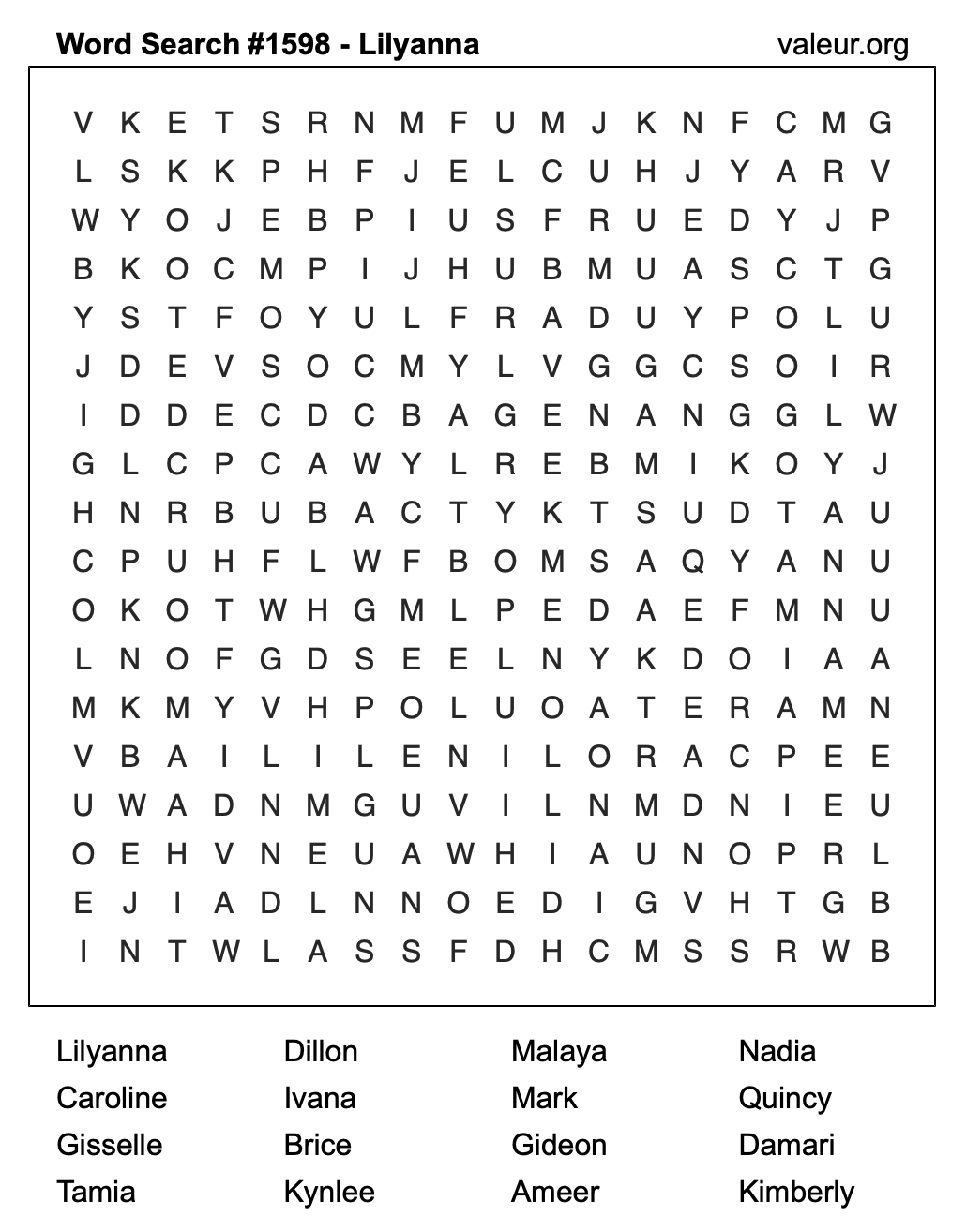 Word Search Puzzle with the name Lilyanna #1598