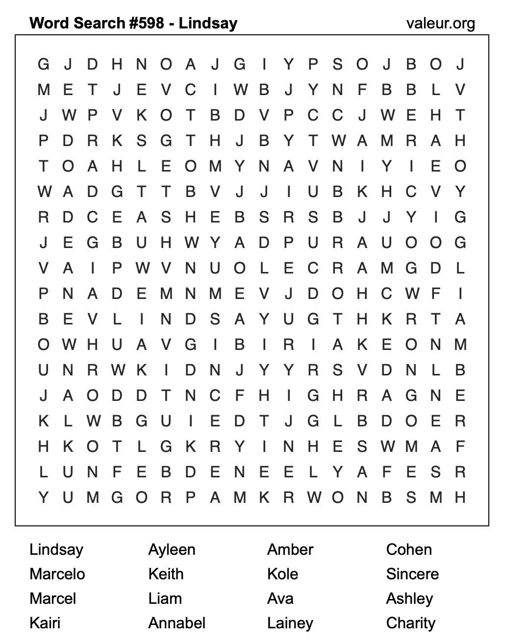 Word Search Puzzle with the name Lindsay #598