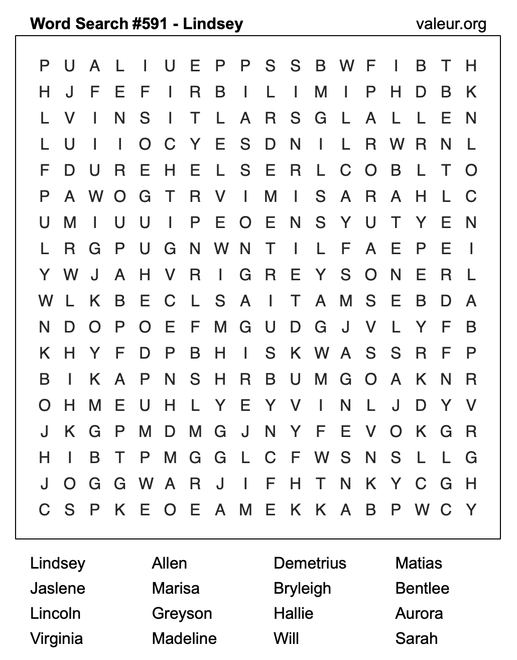 Word Search Puzzle with the name Lindsey #591