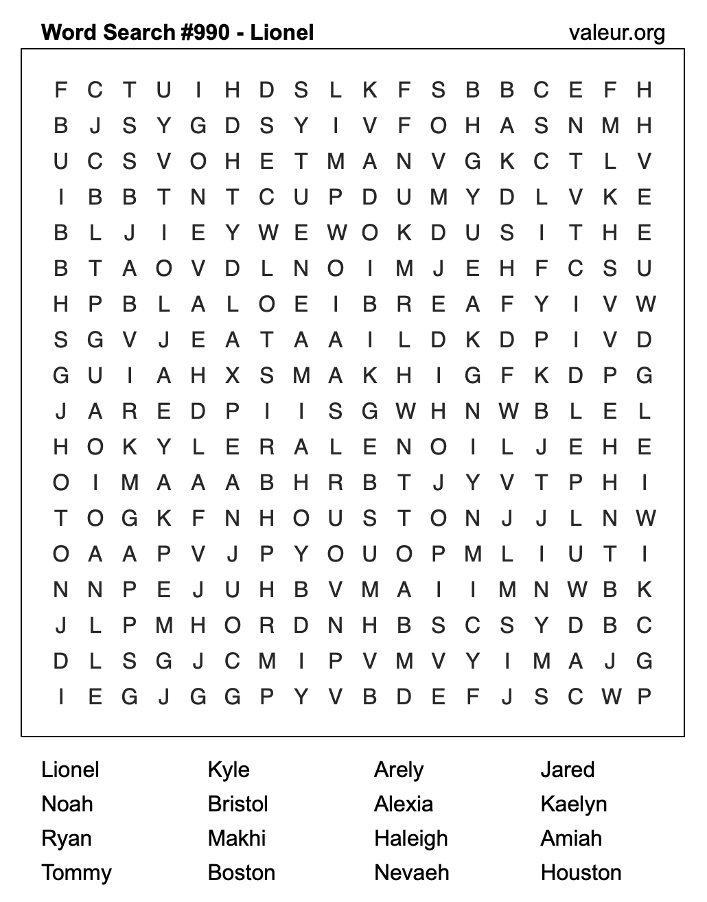 Word Search Puzzle with the name Lionel #990