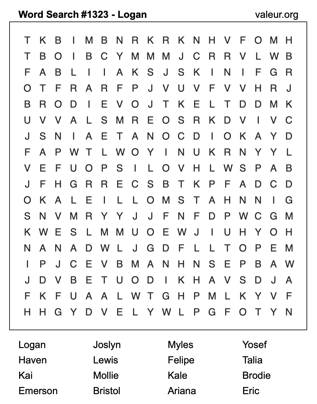 Word Search Puzzle with the name Logan #1323