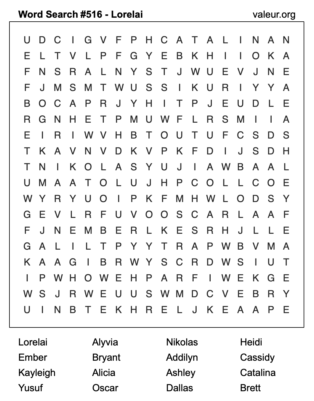 Word Search Puzzle with the name Lorelai #516 Word Search Puzzle with the name Lorelai #516