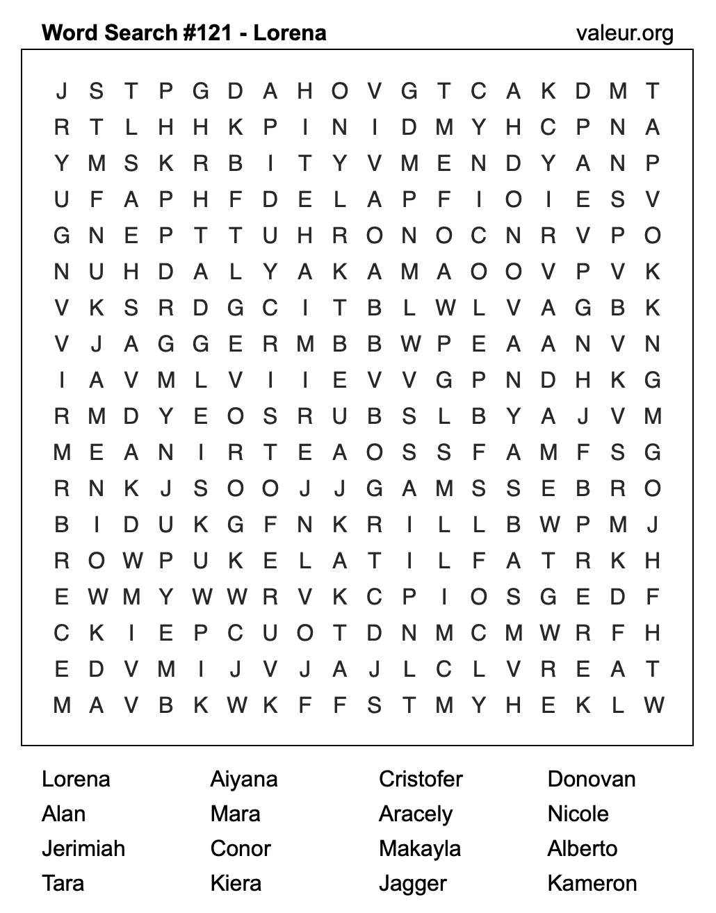 Word Search Puzzle with the name Lorena #121