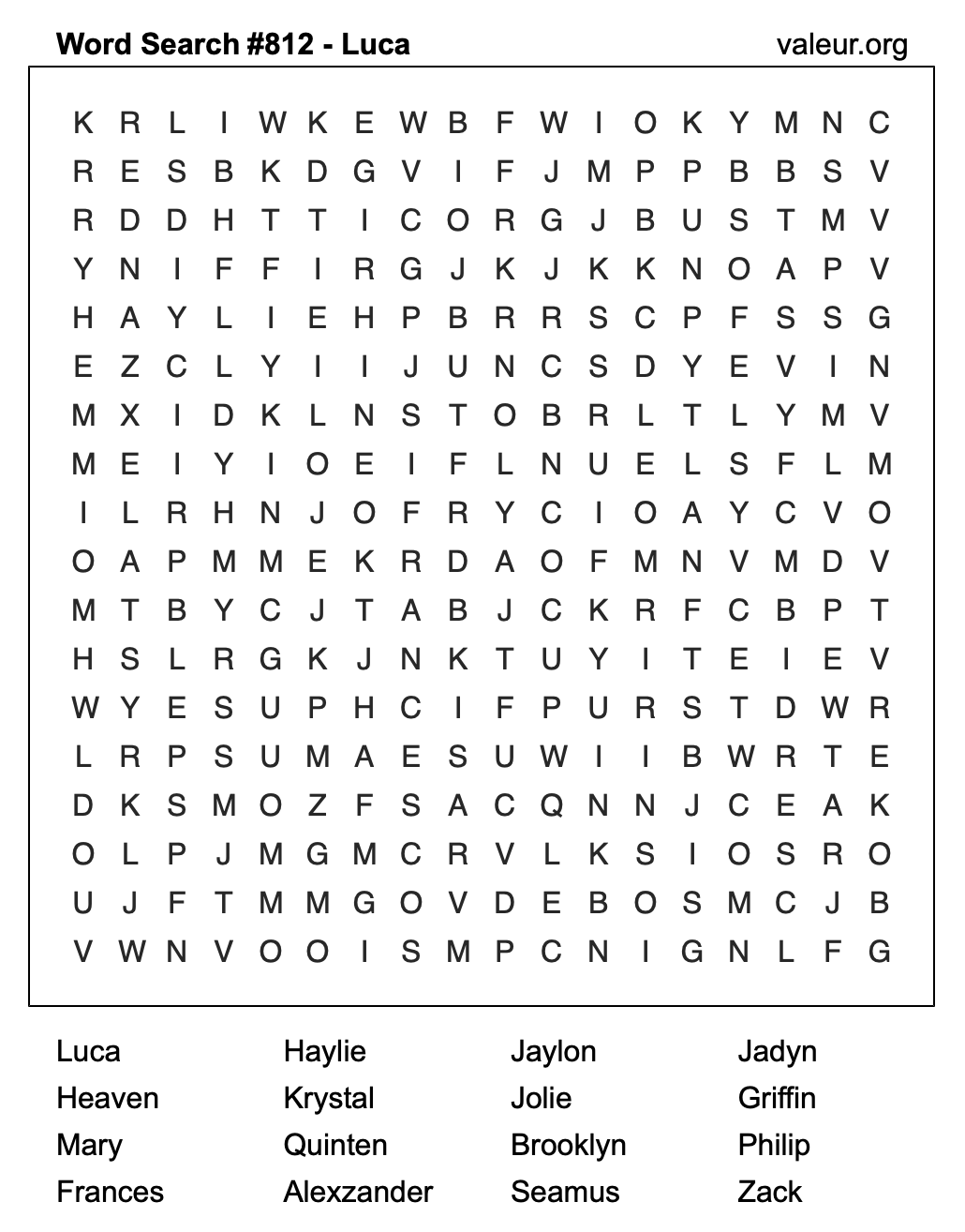 Word Search Puzzle with the name Luca #812