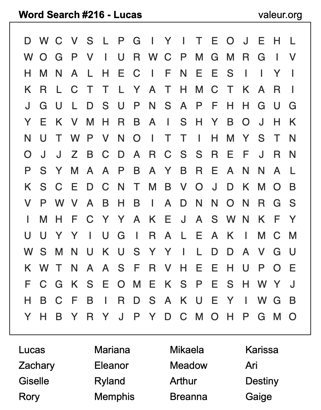 Word Search Puzzle with the name Lucas #216