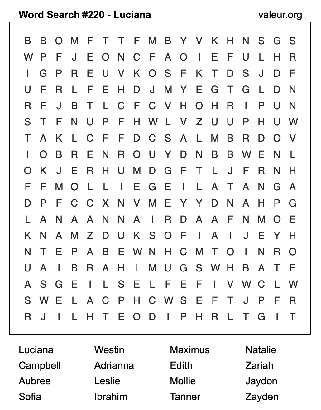 Word Search Puzzle with the name Luciana #220