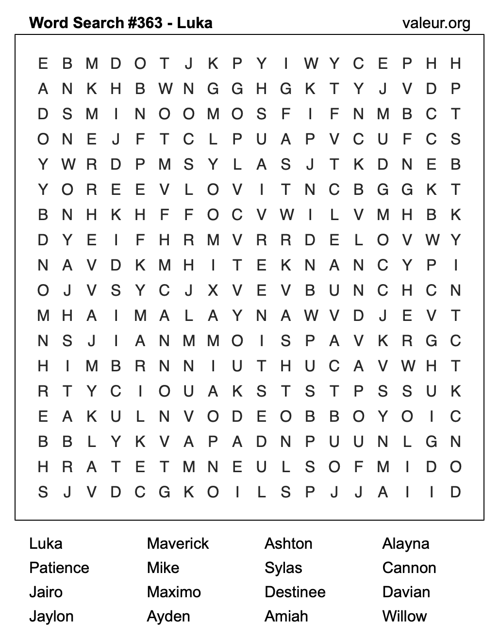 Word Search Puzzle with the name Luka #363 Word Search Puzzle with the name Luka #363