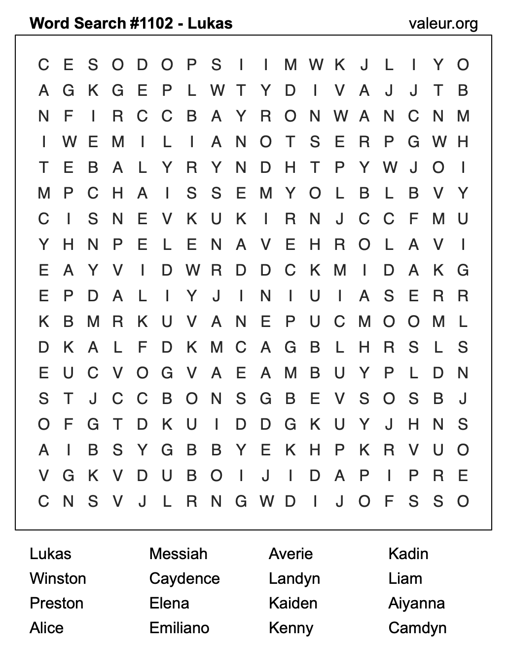 Word Search Puzzle with the name Lukas #1102