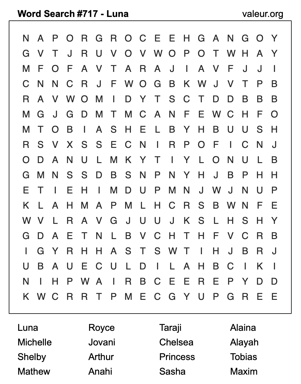 Word Search Puzzle with the name Luna #717