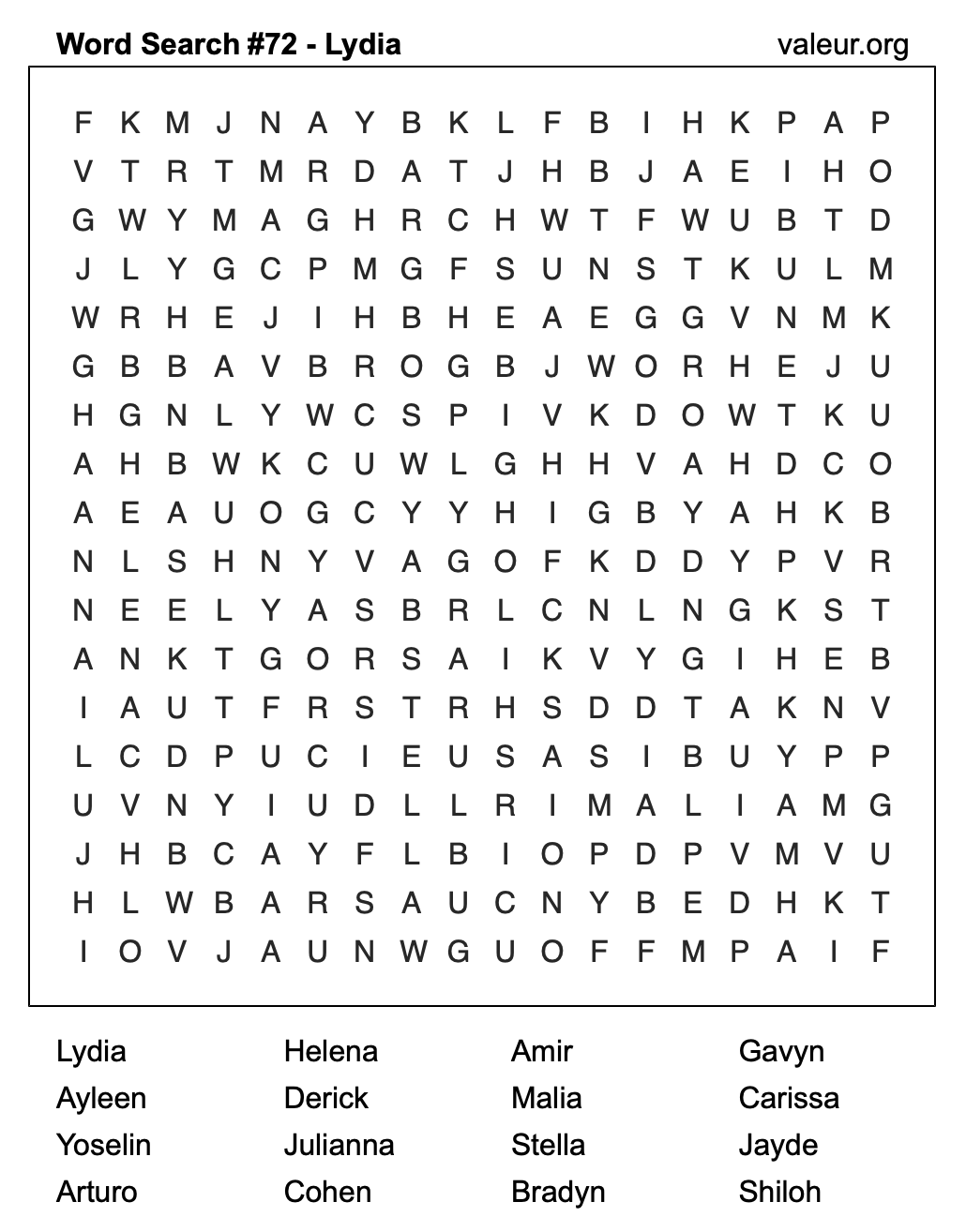 Word Search Puzzle with the name Lydia #72 Word Search Puzzle with the name Lydia #72