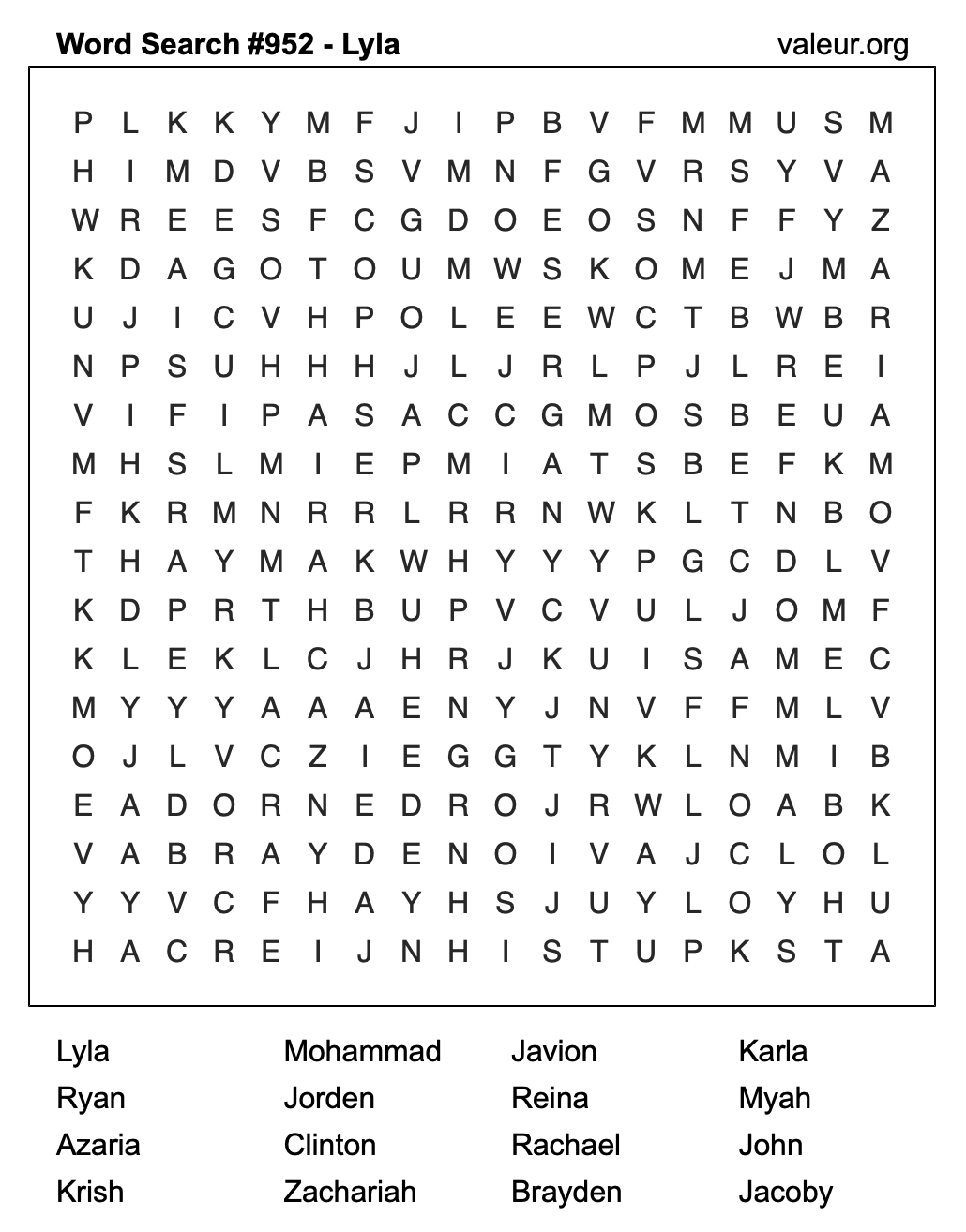 Word Search Puzzle with the name Lyla #952