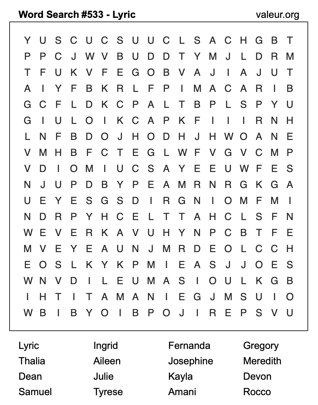 Word Search Puzzle with the name Lyric #533