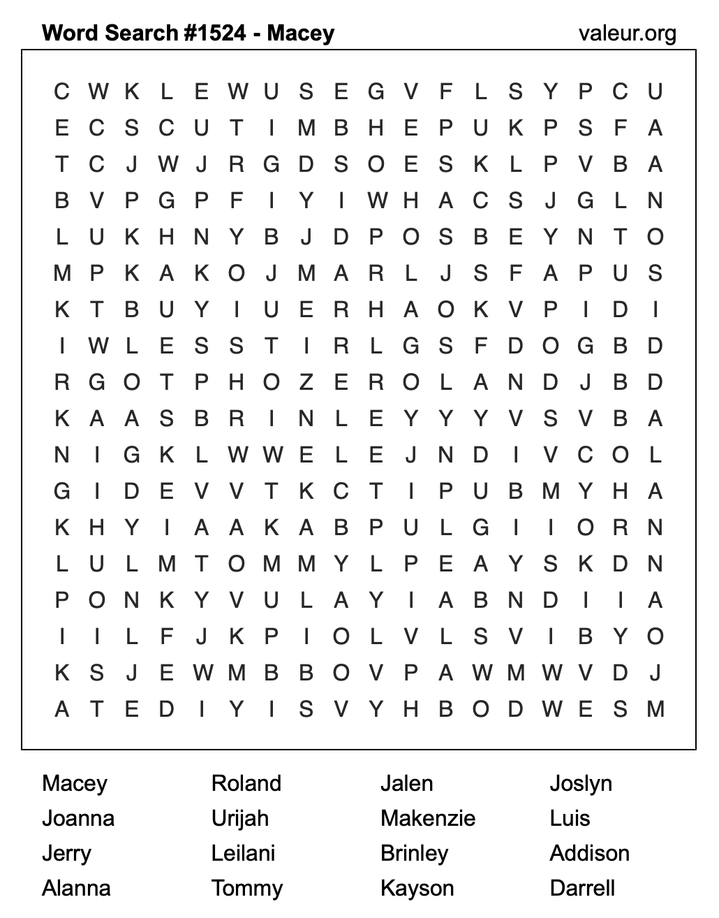 Word Search Puzzle with the name Macey #1524 Word Search Puzzle with the name Macey #1524